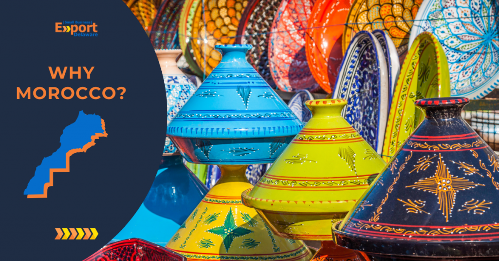 "WHY MOROCCO?" text and a country map next to brightly colored, traditional ceramic tajines.