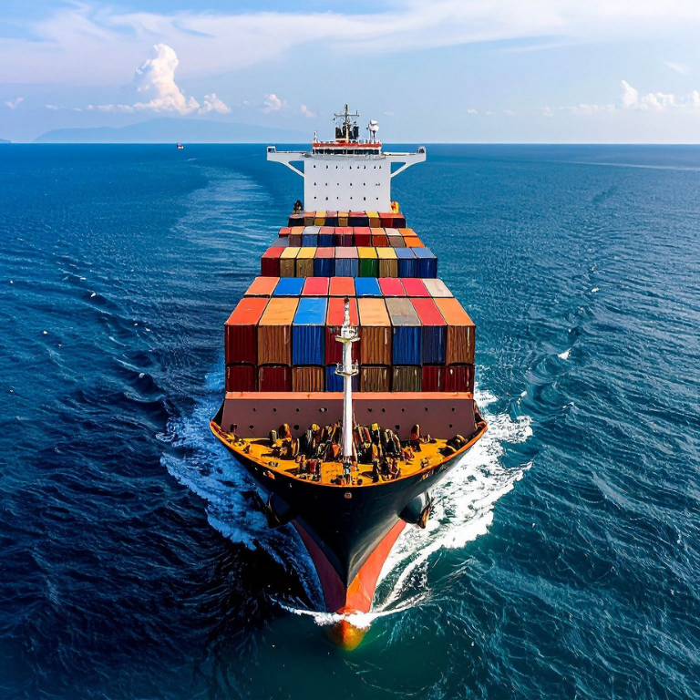 A cargo ship loaded with shipping containers sailing forward